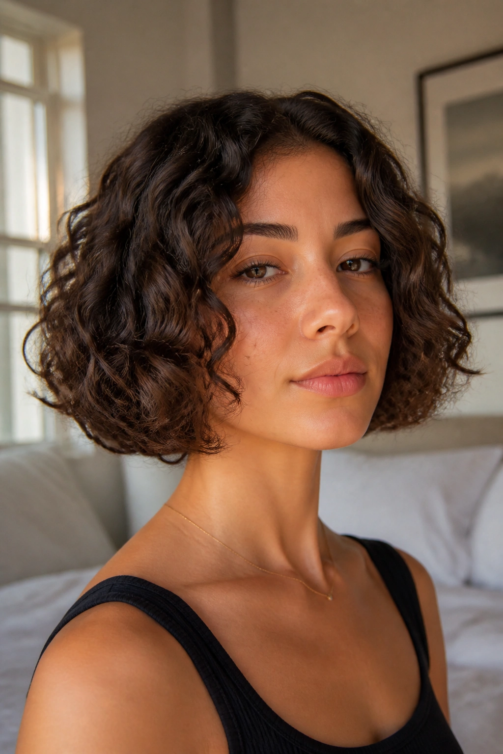 Close-up of a real woman with a chin-length curly bob under soft bedroom light