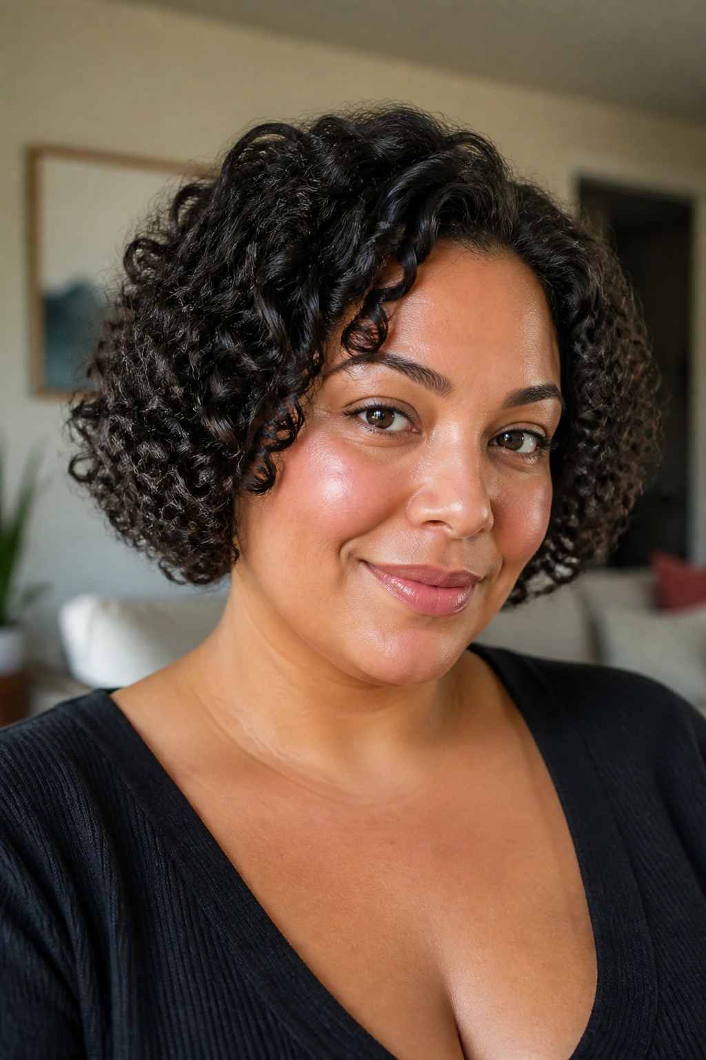 Close-up of a real woman with a chin-length curly bob
