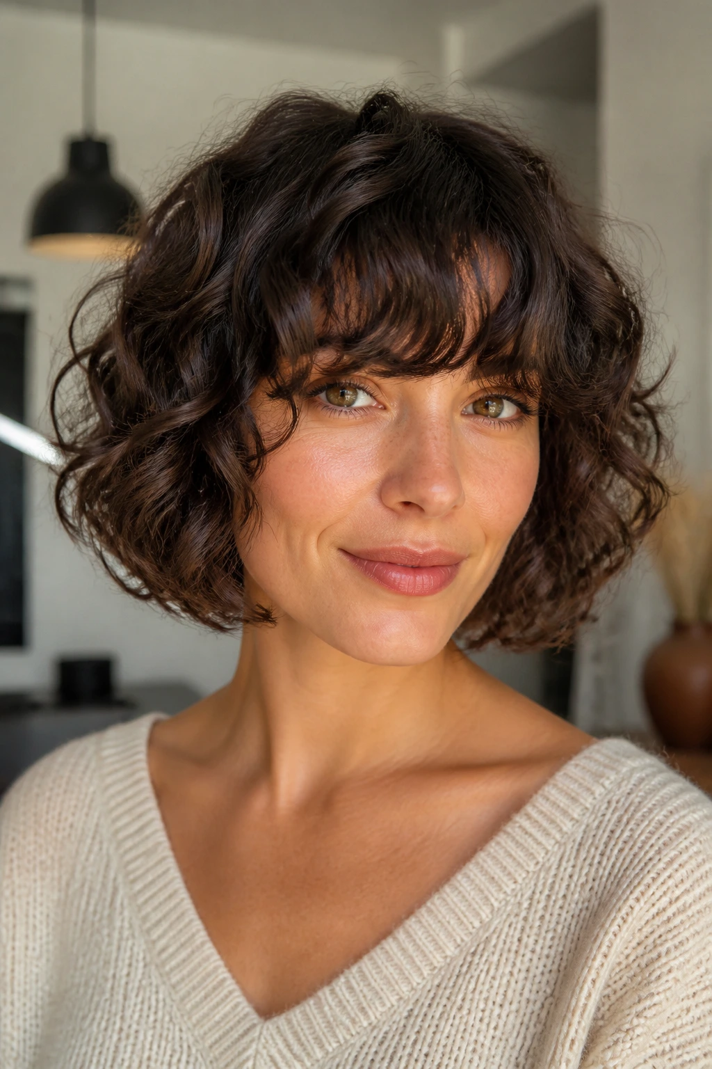 Close-up of a real woman with chin-length curly bob and full bangs in bright indoor light