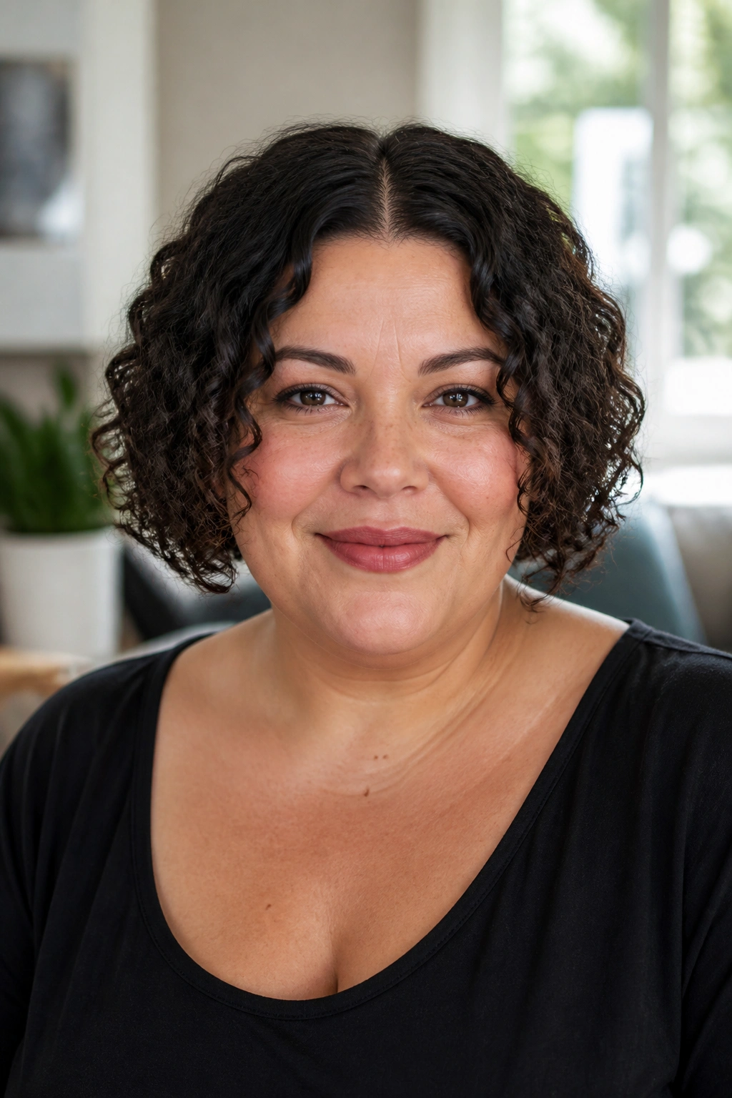 Real woman with chin-length curly bob and center part.