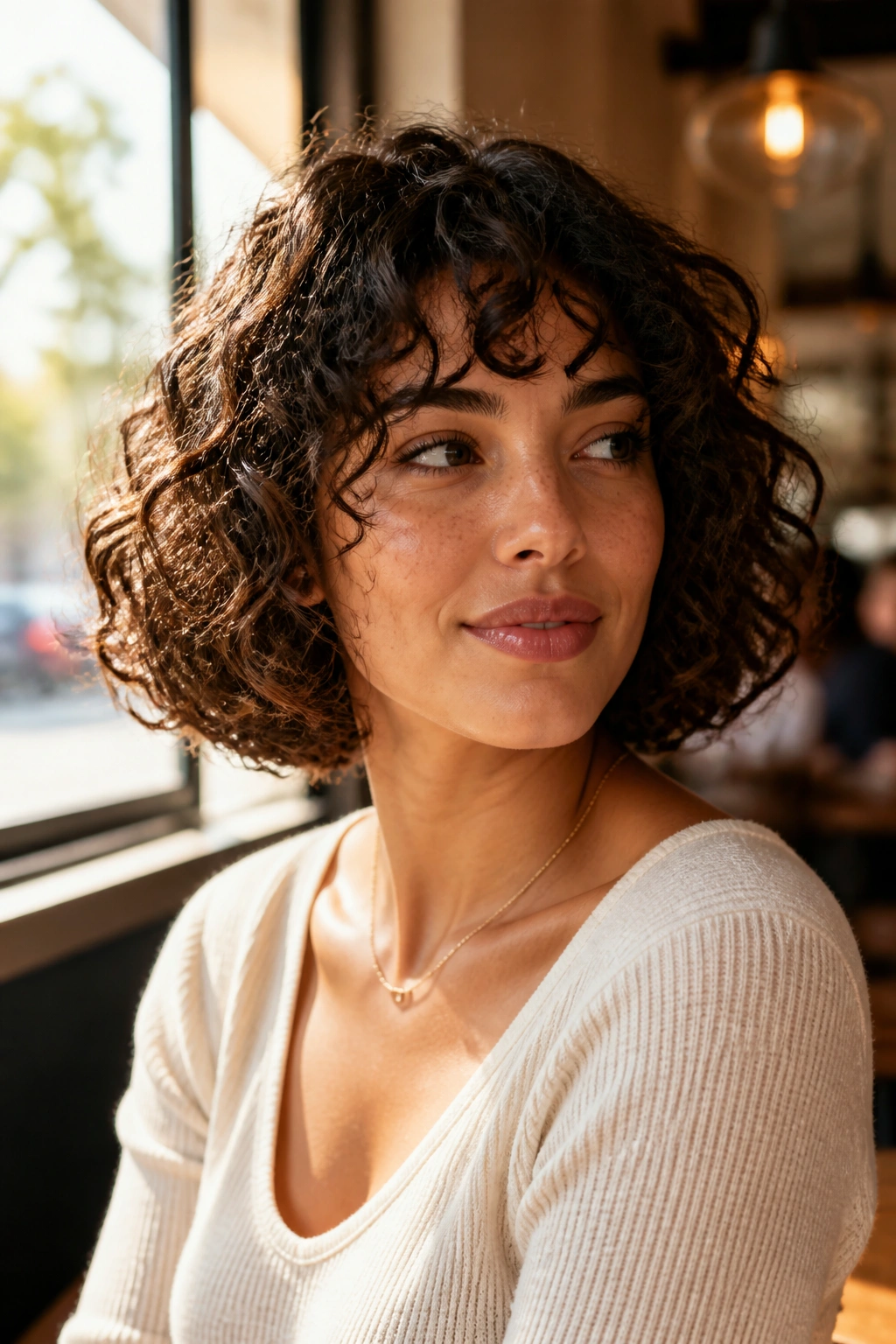 Portrait of a real woman with a chin-length curly bob highlighting the jawline