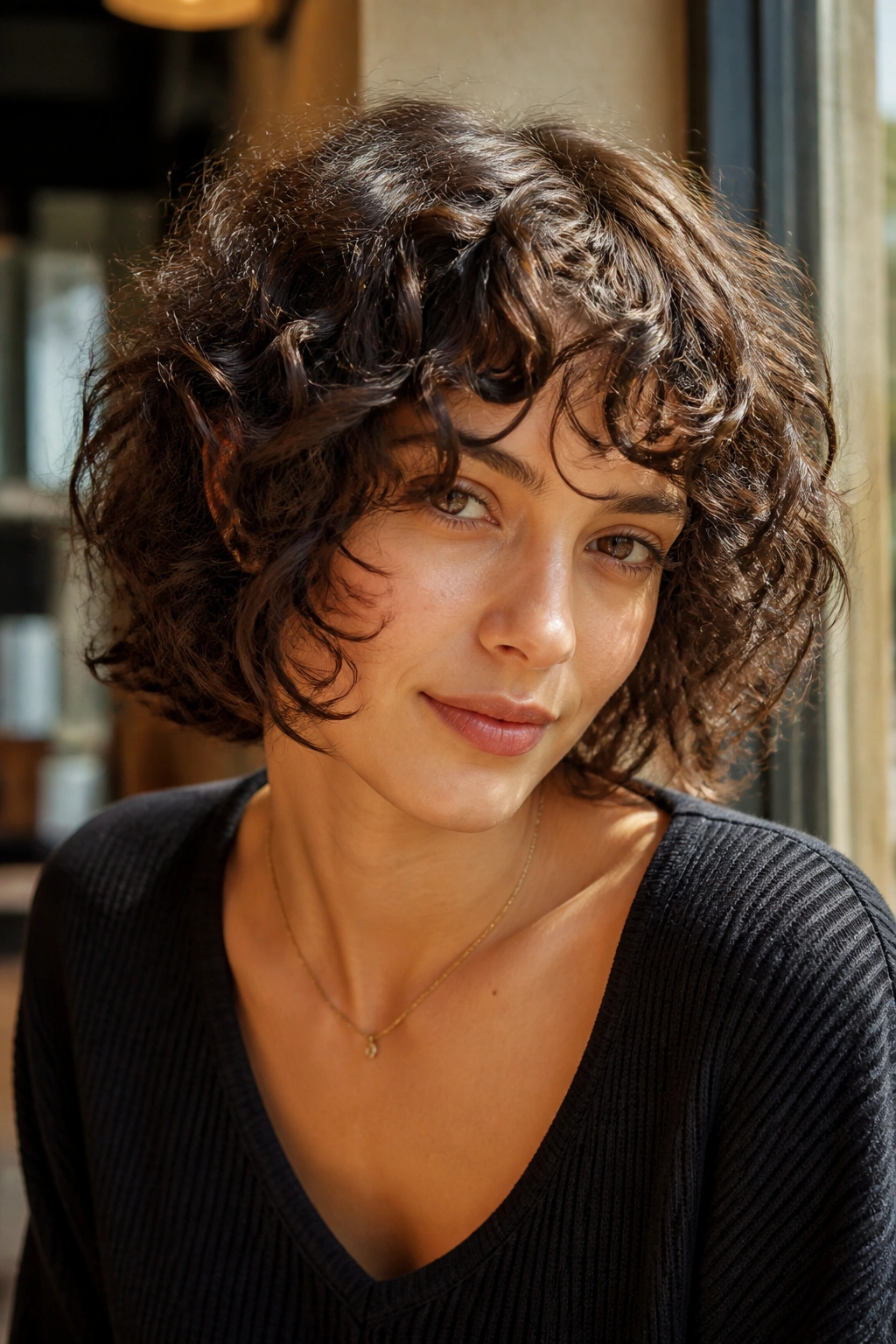 Close-up of a real person with chin-length curly shag and micro layers.