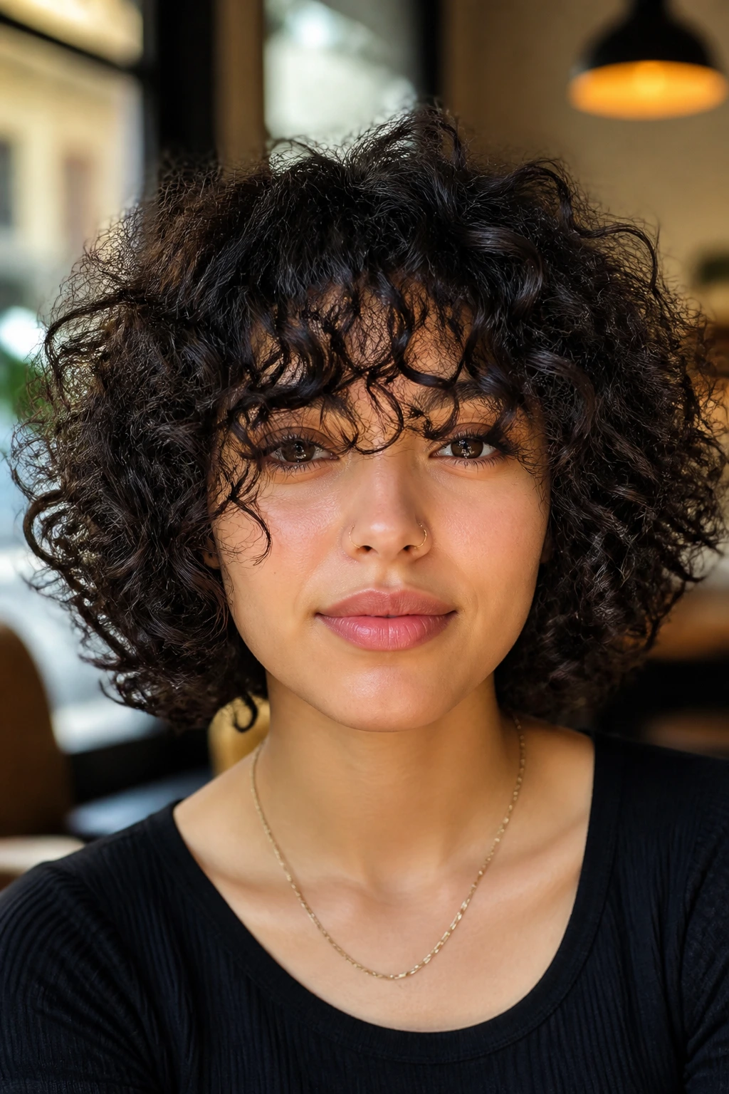 Close-up of a real person with chin-length curly shag and full fringe in warm cafe light