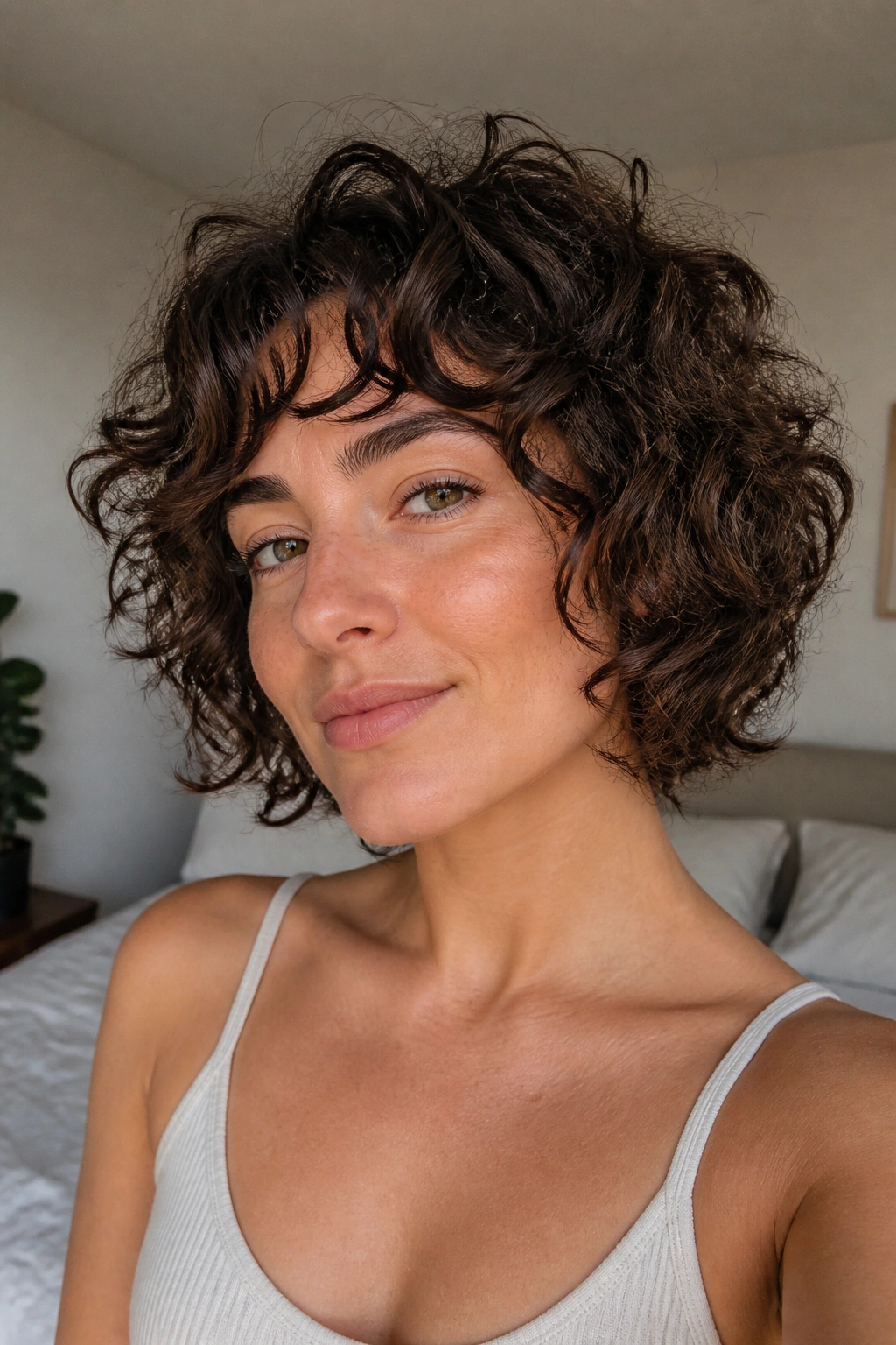 Close-up of a real woman with chin-length curly wolf cut and airy curls around the jaw
