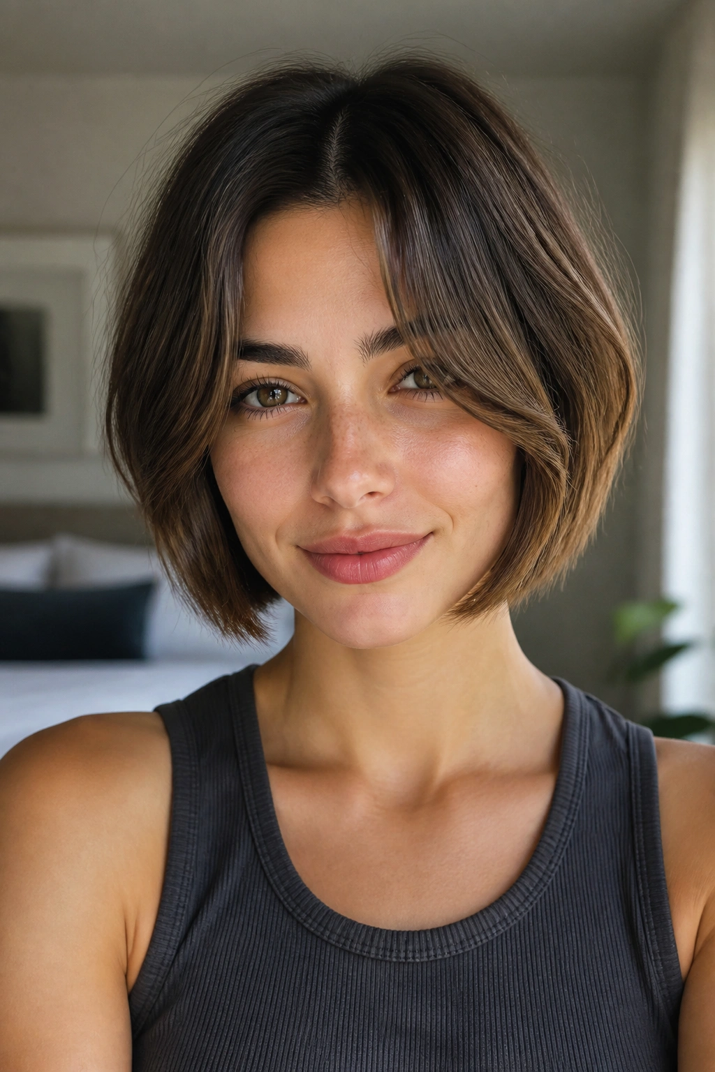 Front view of chin-length bob with curtain bangs on a real woman