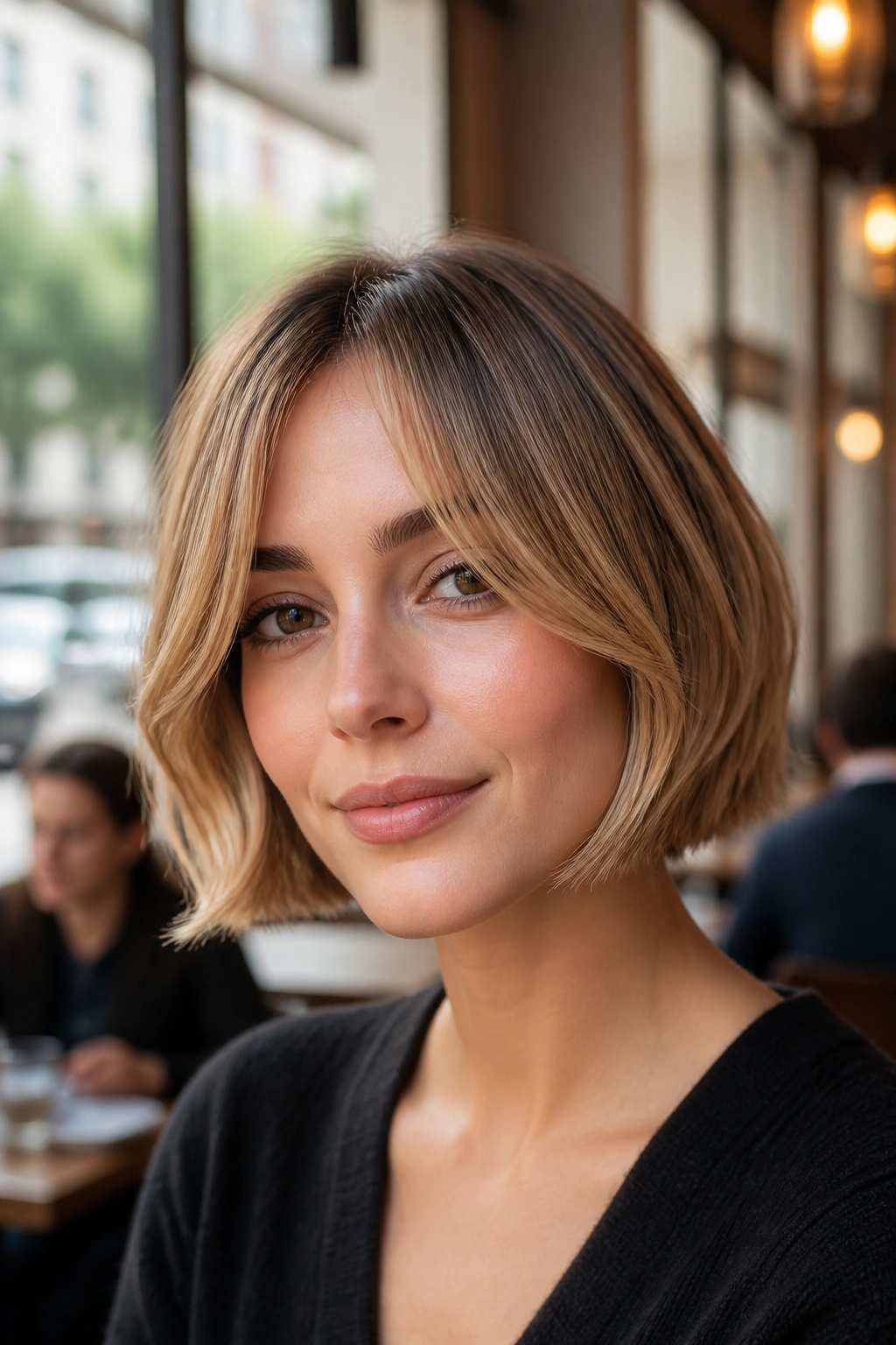 Close-up portrait of a real woman with chin-length bob and curtain bangs in natural daylight