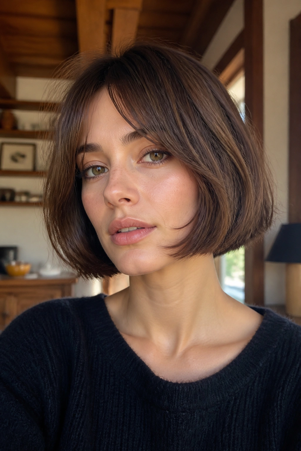Close-up portrait of a real woman with chin-length French bob and curtain bangs