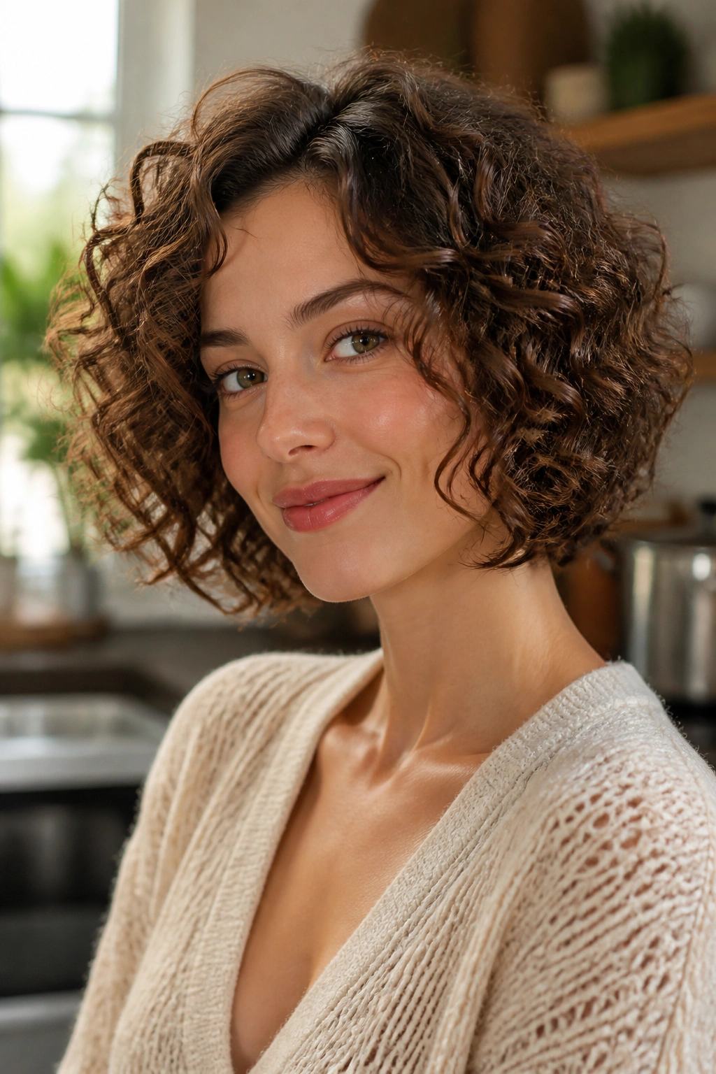 Portrait of a real woman with chin-length cut and popping ringlets