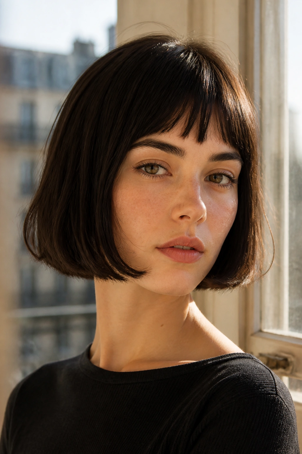 Close-up of a real person with chin-length French bob and baby bangs framing the eyes