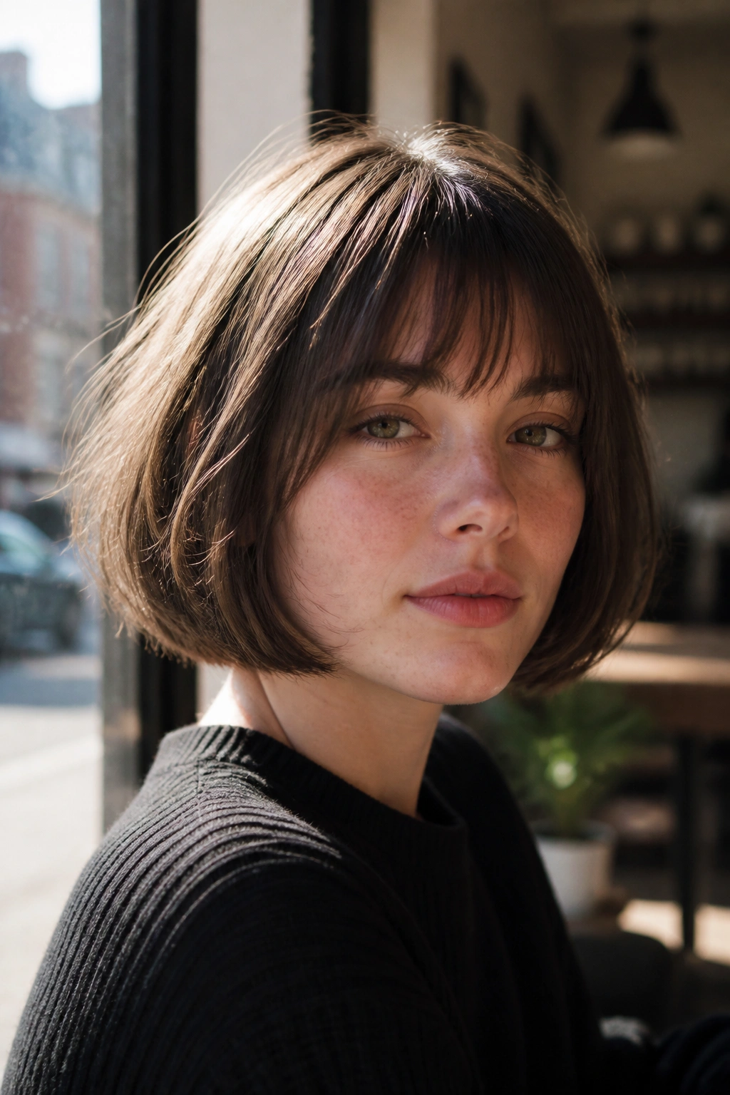 Close-up portrait of a real person with chin-length French bob for fine hair.