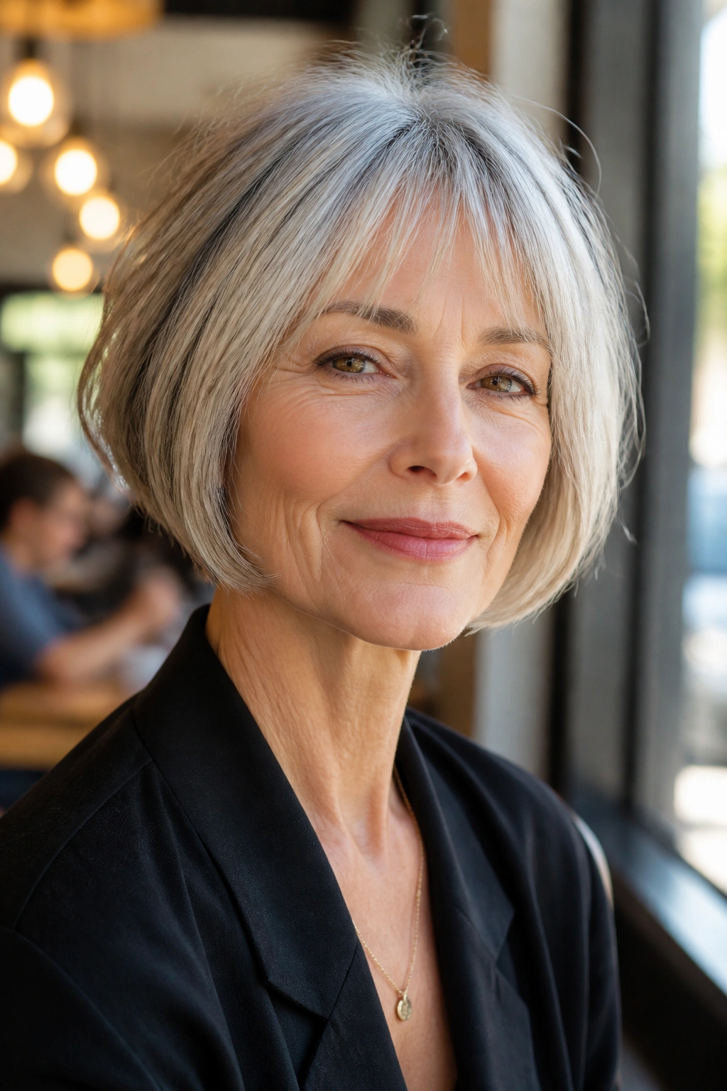Close-up of mature woman with chin-length French bob and light fringe in daylight