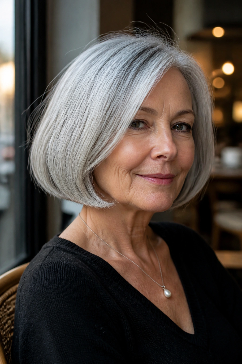 Medium close-up of real woman with chin-length French bob in cafe daylight