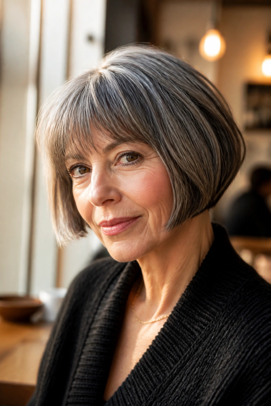 Close-up of a real woman with a chin-length French bob in cafe window light.