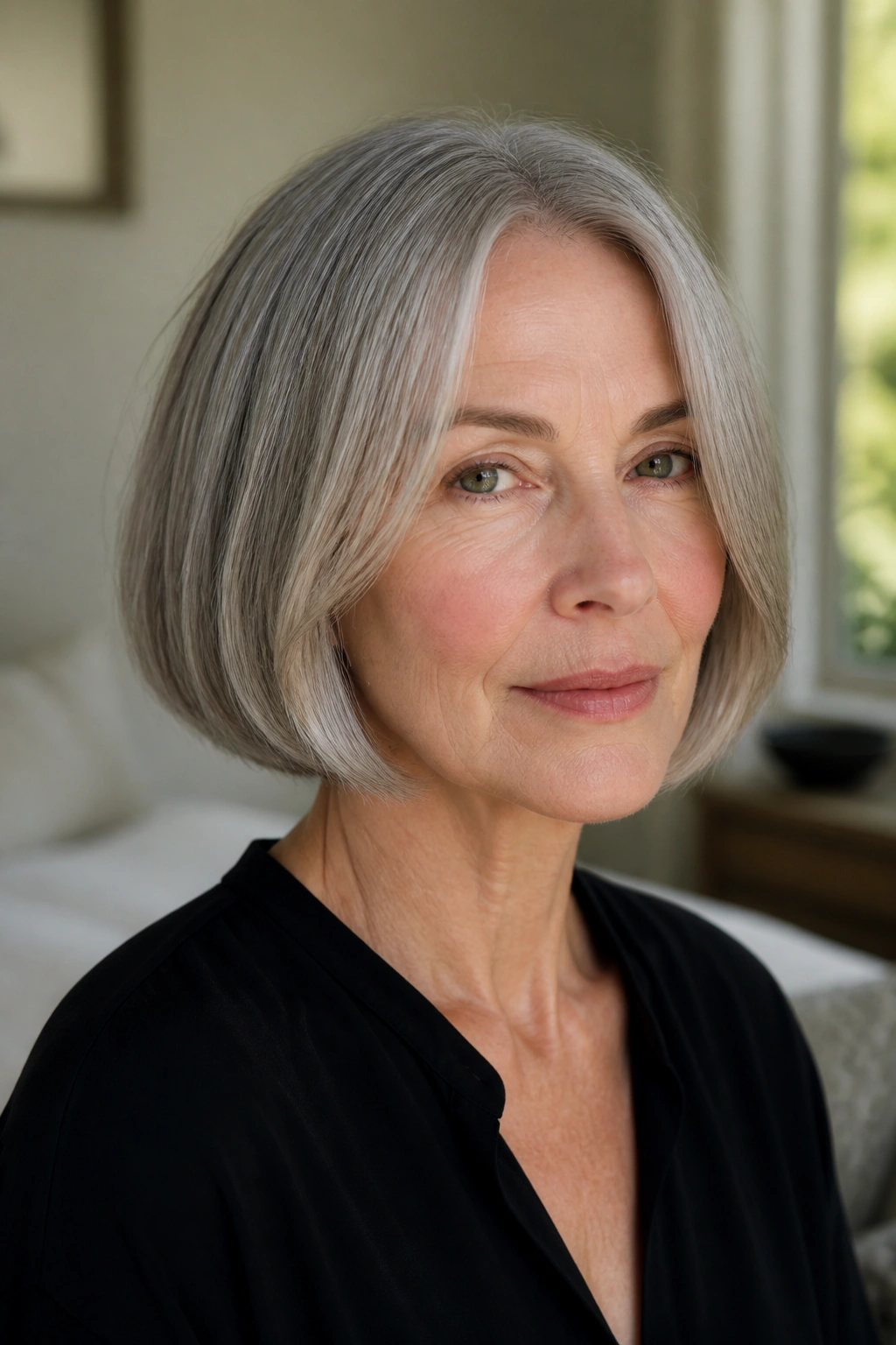 Close-up portrait of a real woman with a chin-length French bob