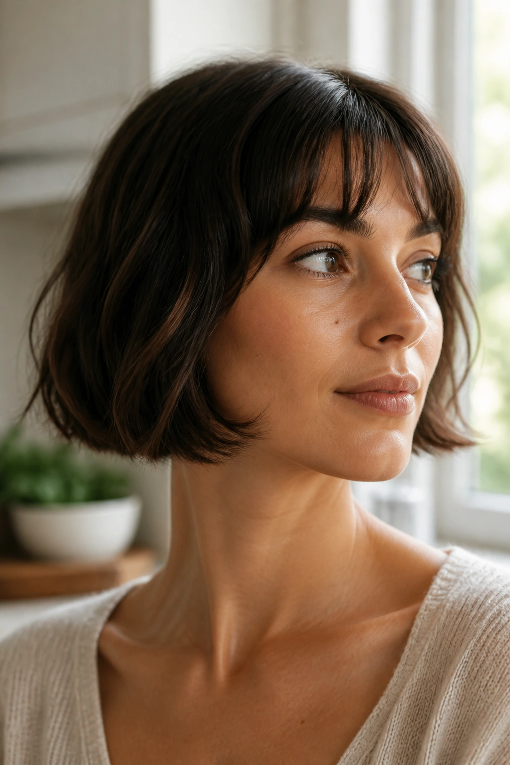 Close-up of a real woman with a chin-length French bob and soft waves.