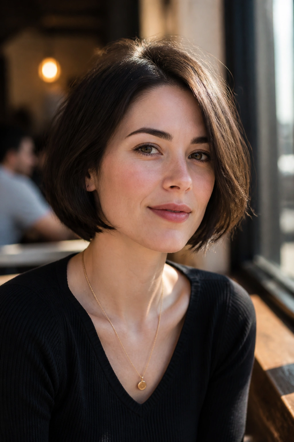 Portrait of a woman with a chin-length French bob in a sunlit cafe setting.
