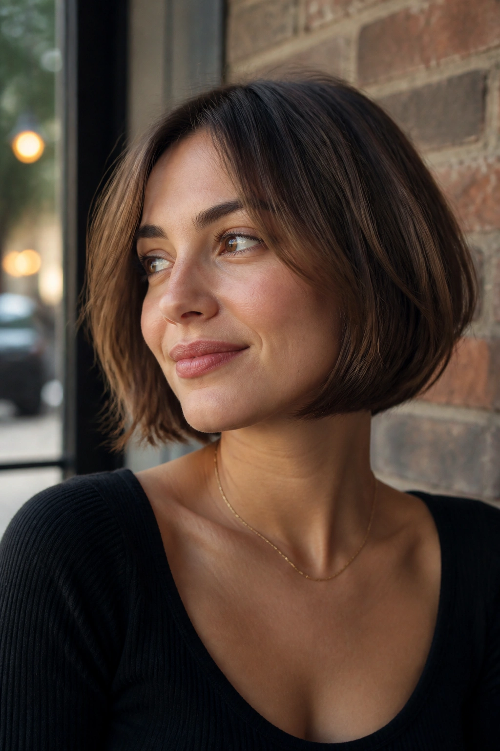 Portrait of woman with chin-length French bob framing her jaw