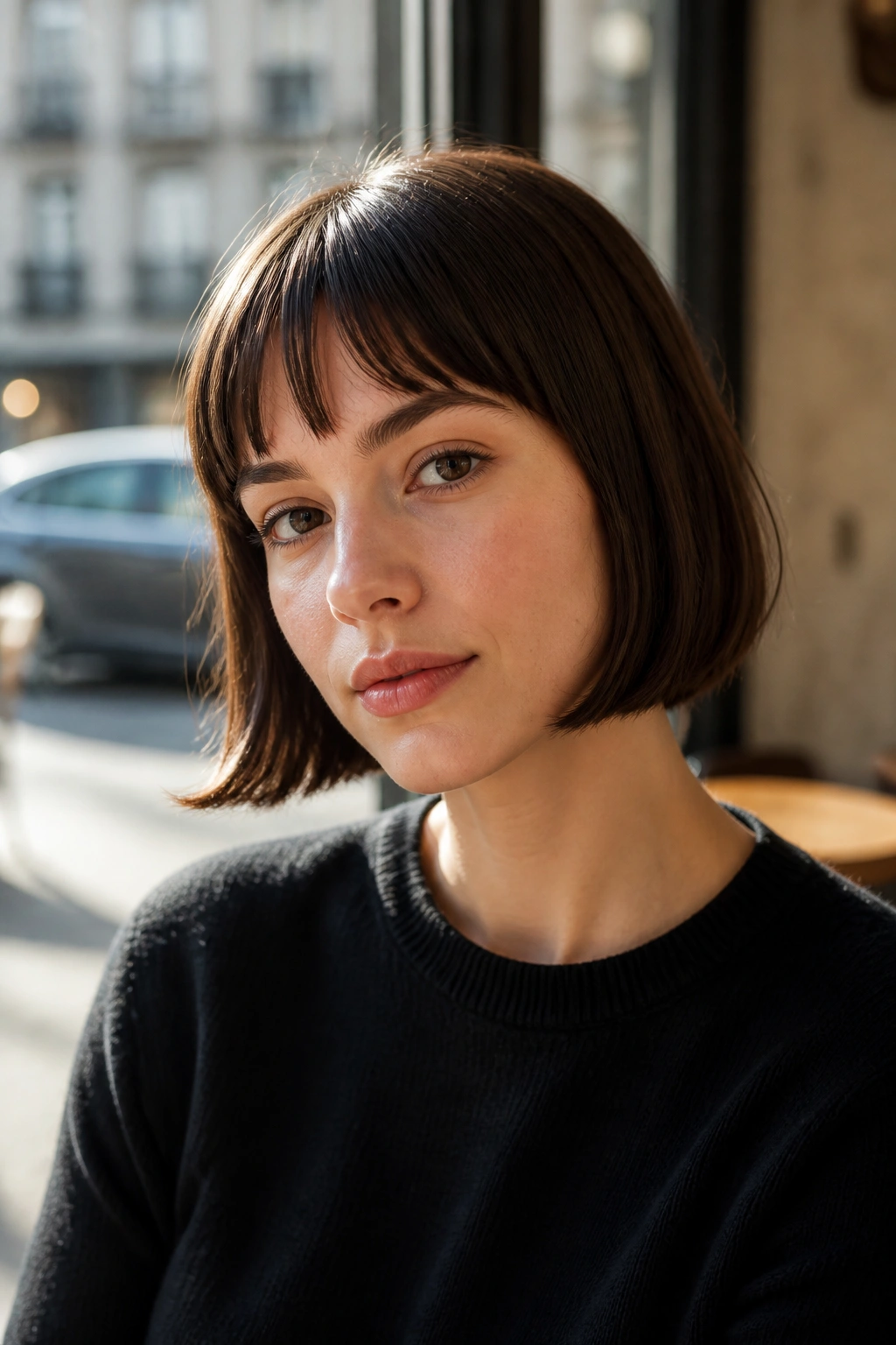 Close-up of real woman with chin-length French bob at jawline