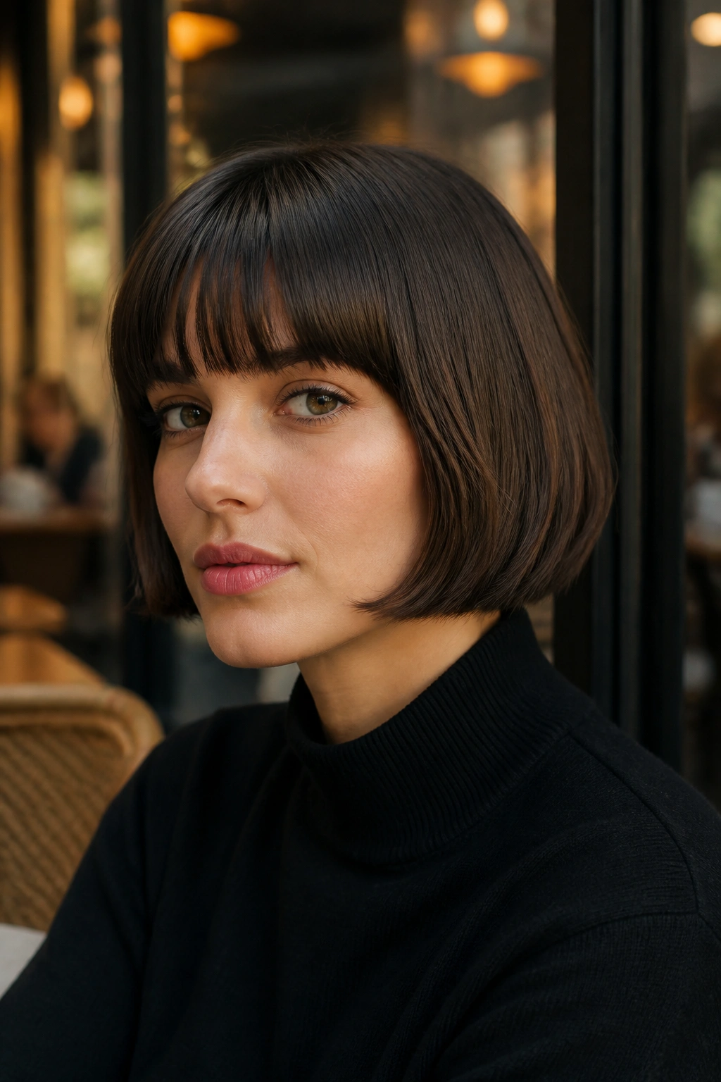 Close-up of Chin-Length French Mod Bob on a real woman with graphic jaw-length line and full fringe.