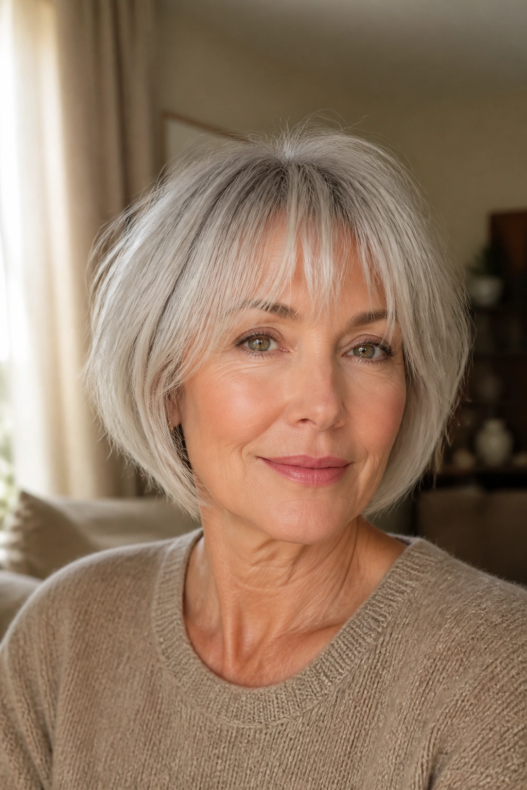 Portrait of a woman with chin-length cut and wispy fringe.