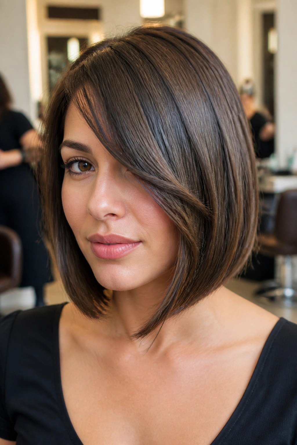 Portrait of a person with chin-length side fringe balancing longer face