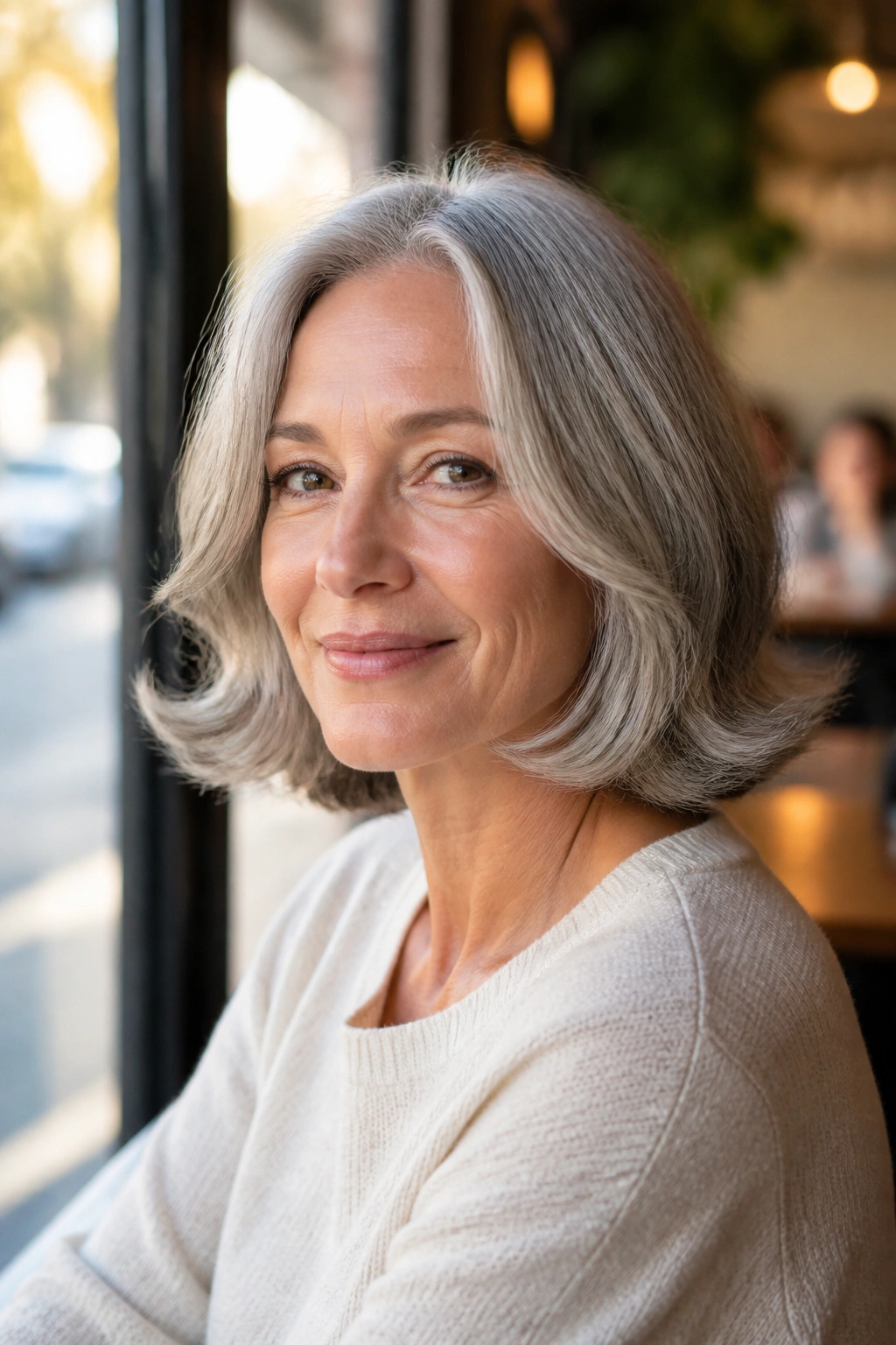 Close-up of a real woman with chin-length gray hair and flipped ends in warm window light