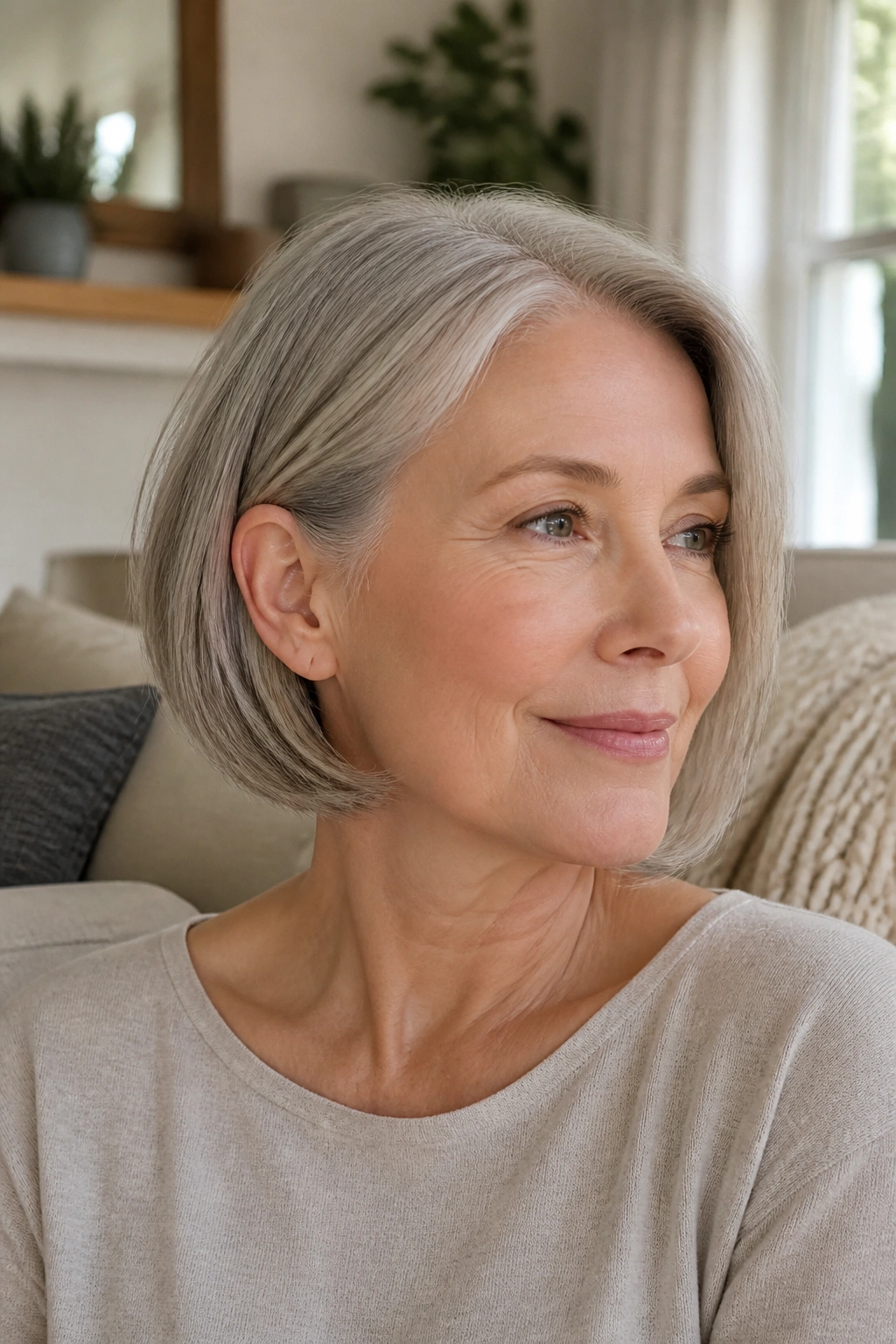 Close-up of a real woman with a chin-length tucked-ends haircut, jawline-focused styling