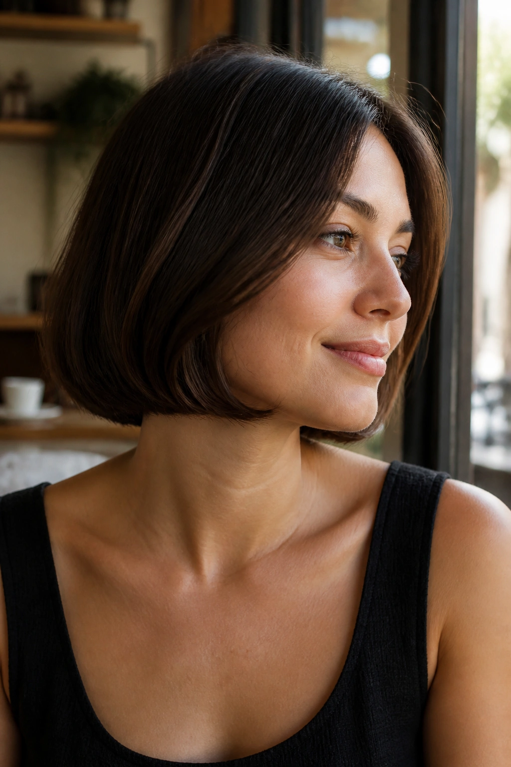 Close-up portrait of a real woman with a chin-length Italian bob featuring a soft undercurve.