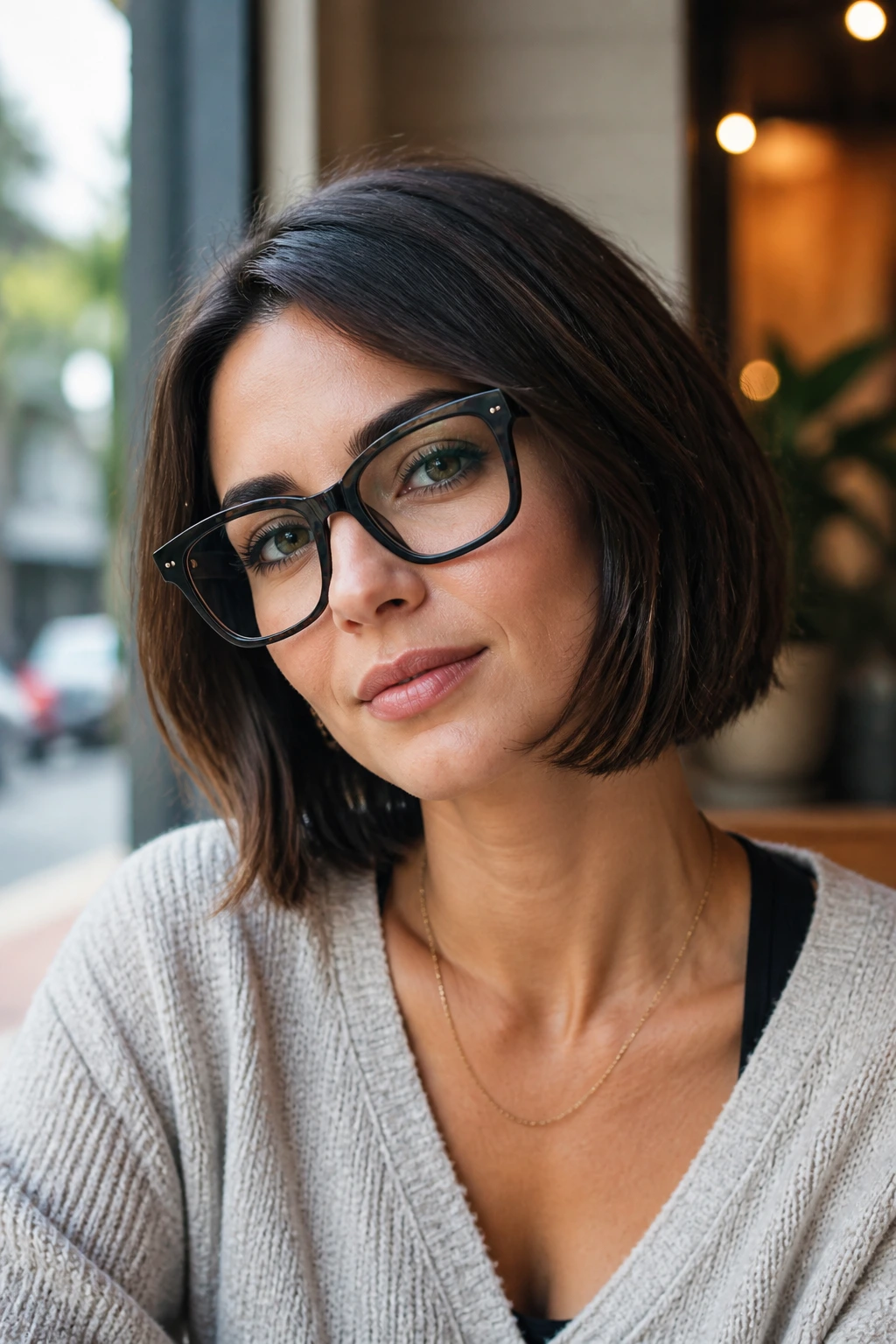 Close-up portrait of a woman with a chin-length layered bob and bold glasses.