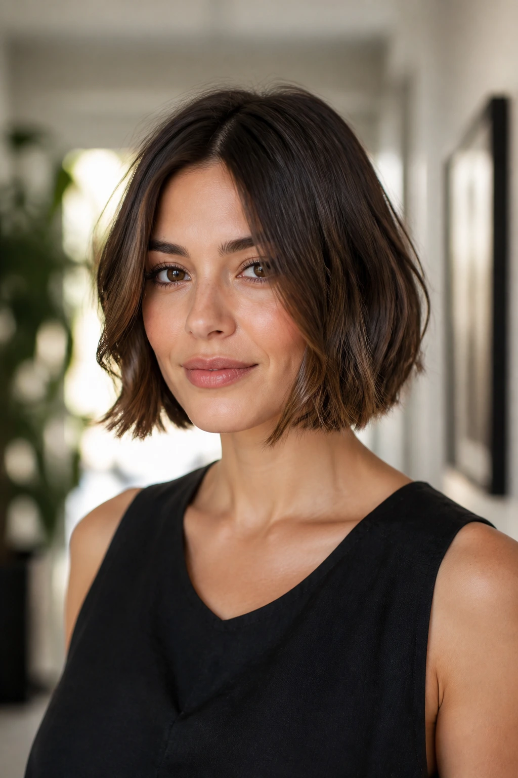 Close-up of a real woman with chin-length lob and soft bend at the ends