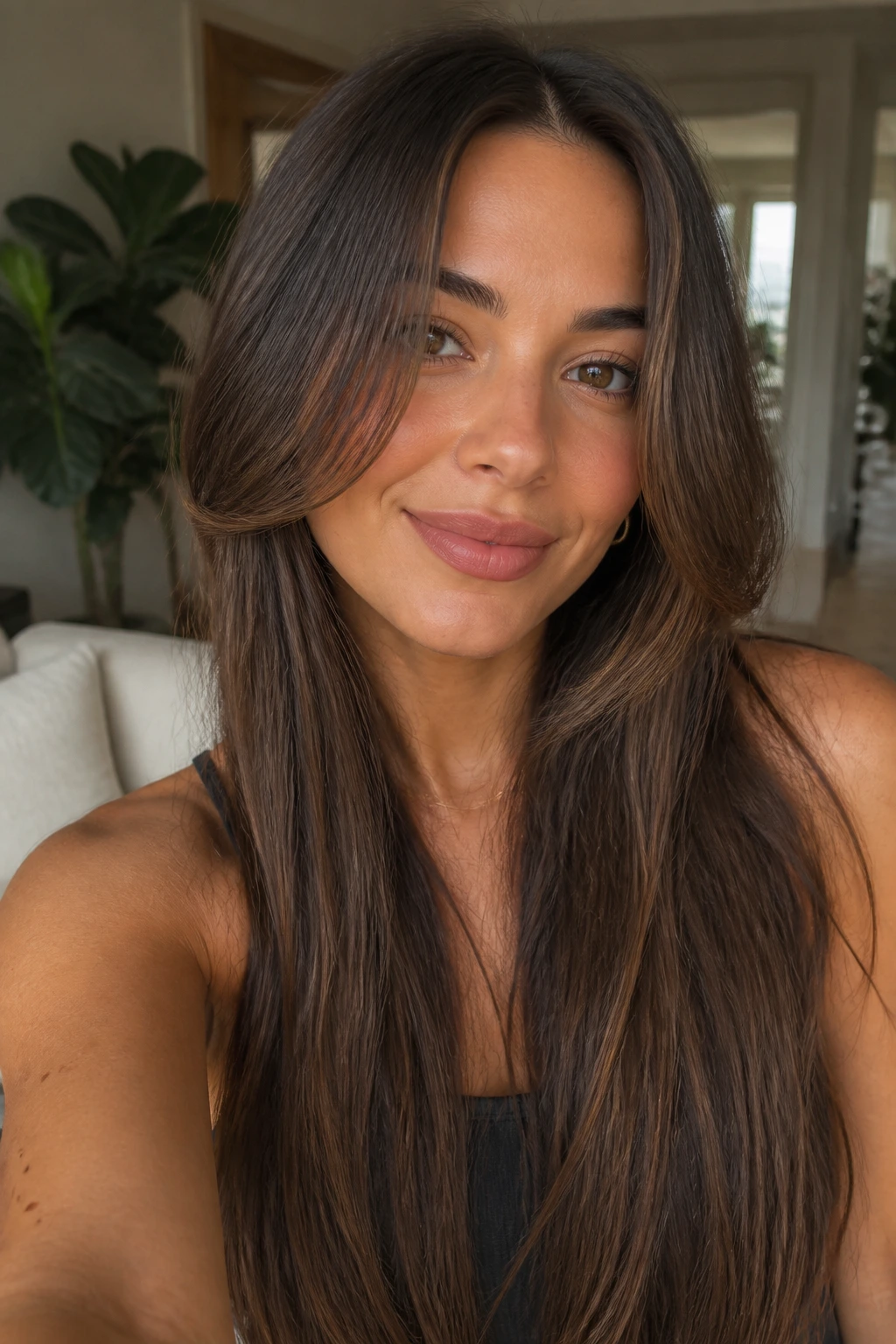 Real woman with chin-length face framing pieces on long hair.