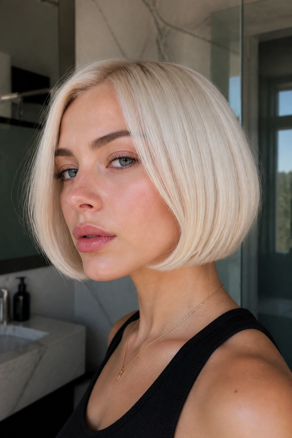 Close-up of a real person with chin-length platinum bob tucked ends