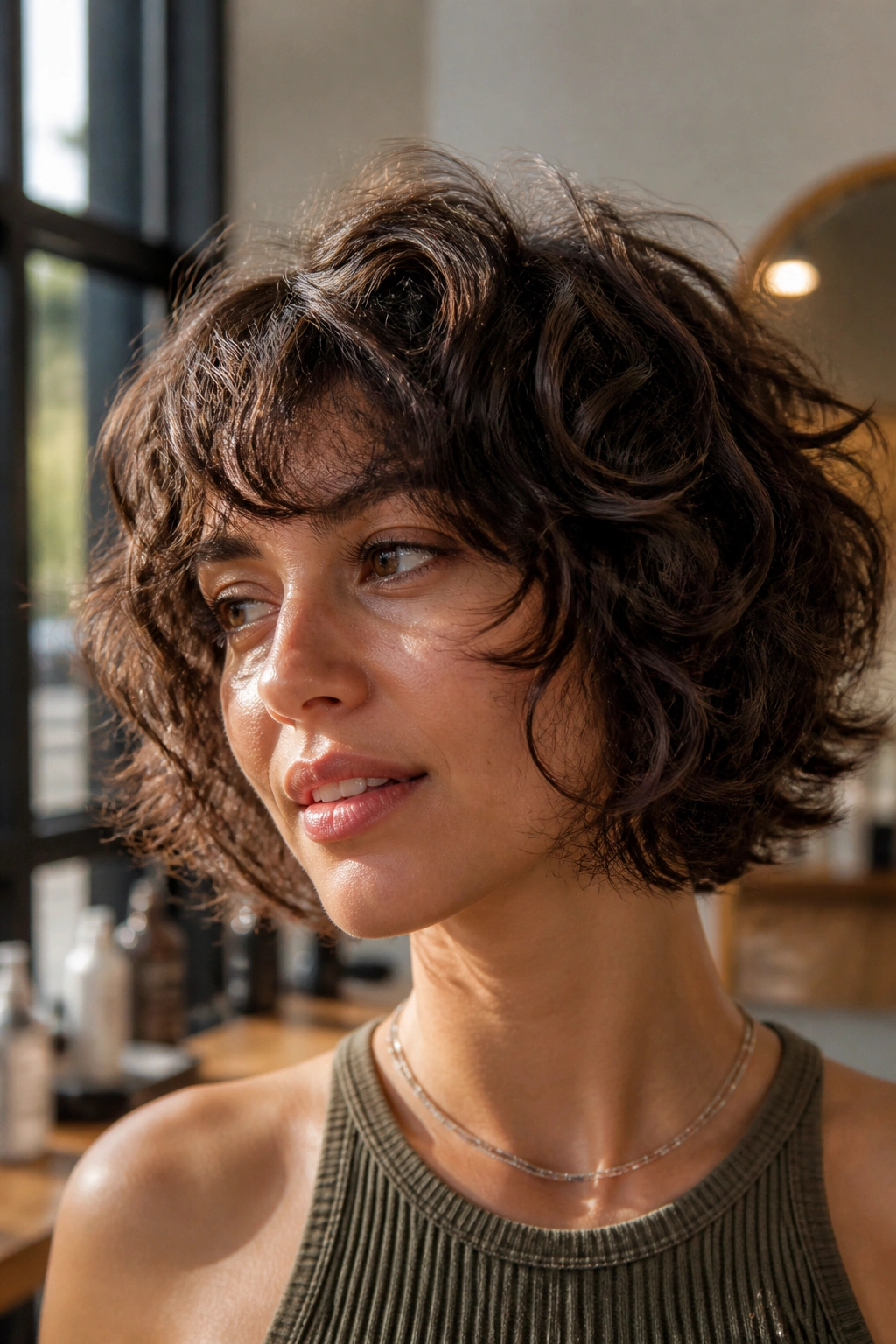 Portrait of a real person with a chin-length shag and airy layers in natural light