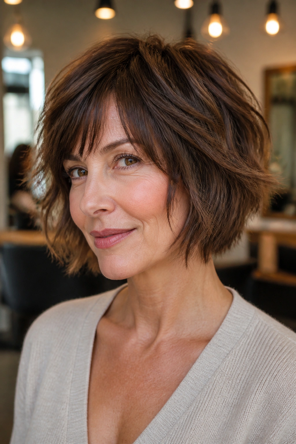 Real-woman portrait with chin-length shag bob and piecey ends in warm salon lighting