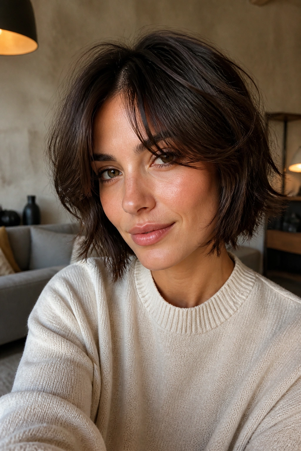 Close-up of a real woman with a chin-length shag and curtain bangs in warm light