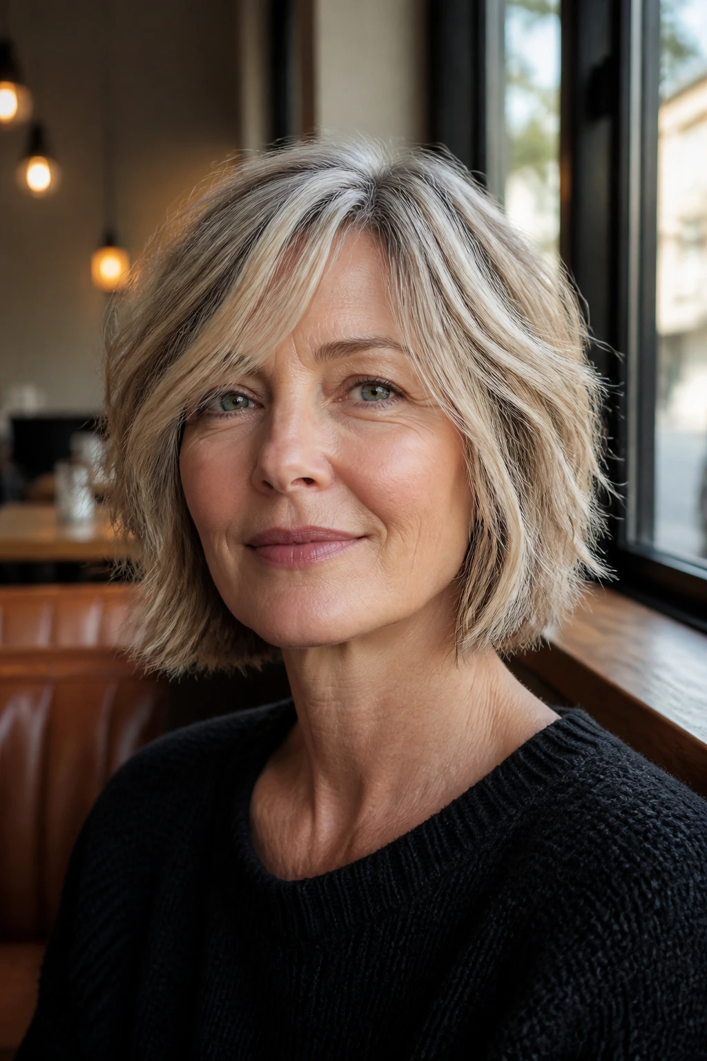 Real woman with chin-length shag and side-swept fringe in a window-lit cafe