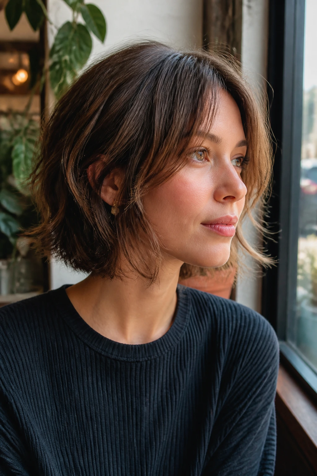 Close-up of a real woman with chin-length shag and piecey layers framing the jaw