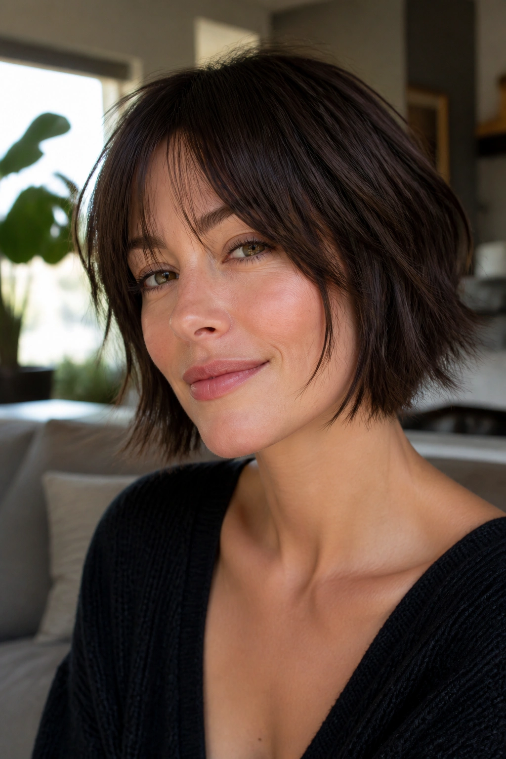 Close-up of a woman with chin-length shag and piecey ends, jawline framing and texture