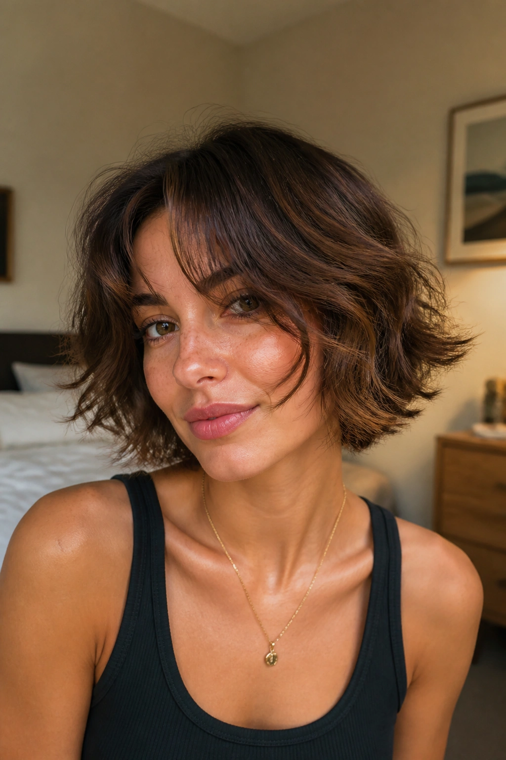 Close-up portrait of a real woman with chin-length shag and cheek-grazing fringe.