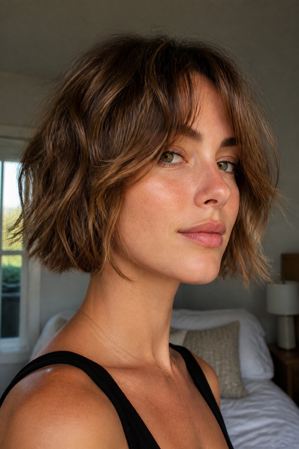 Close-up of real woman with chin-length shaggy bob and broken feathered ends in natural window light