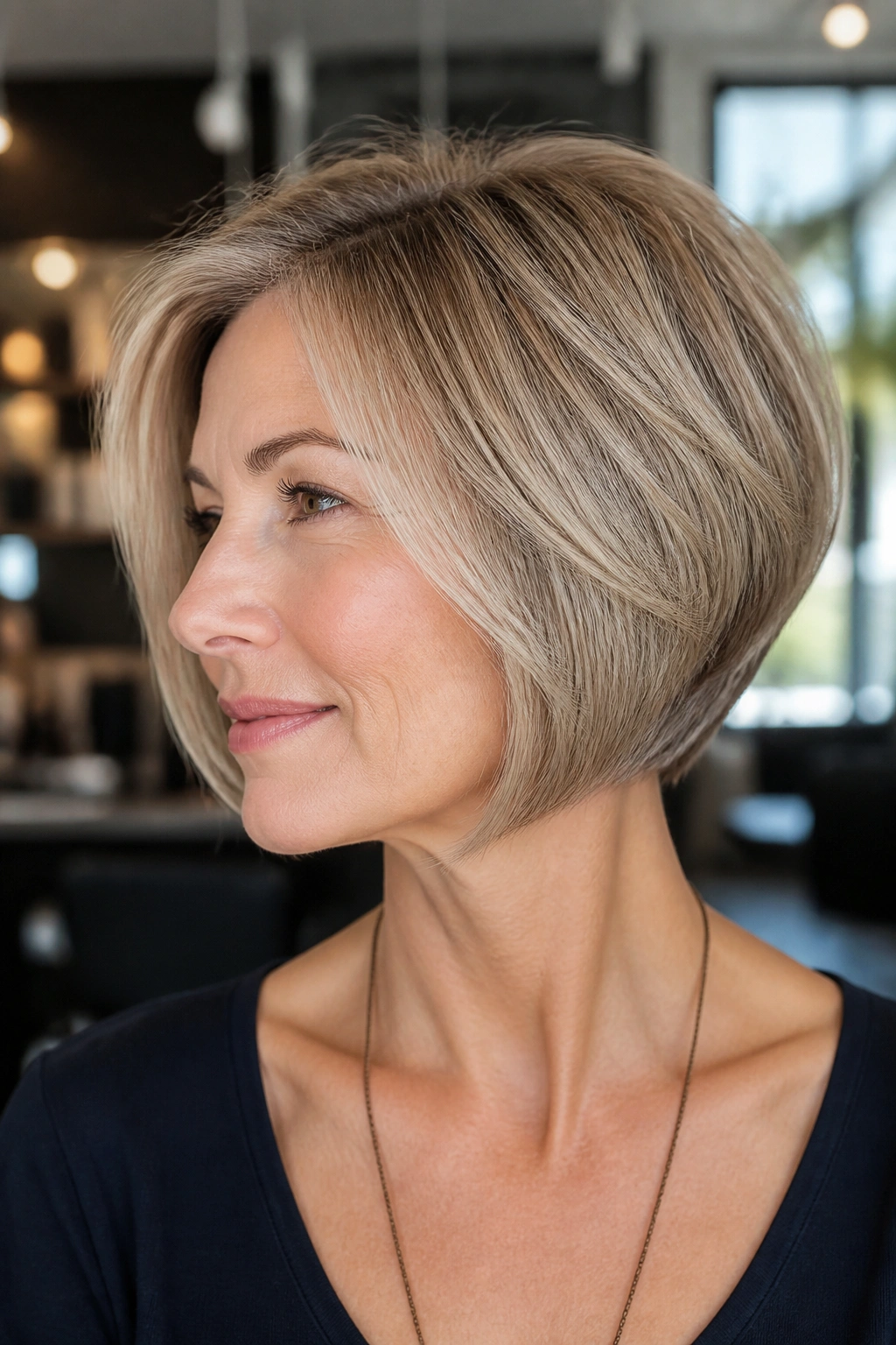 Close-up of a real woman with a chin-length stacked bob for fine hair