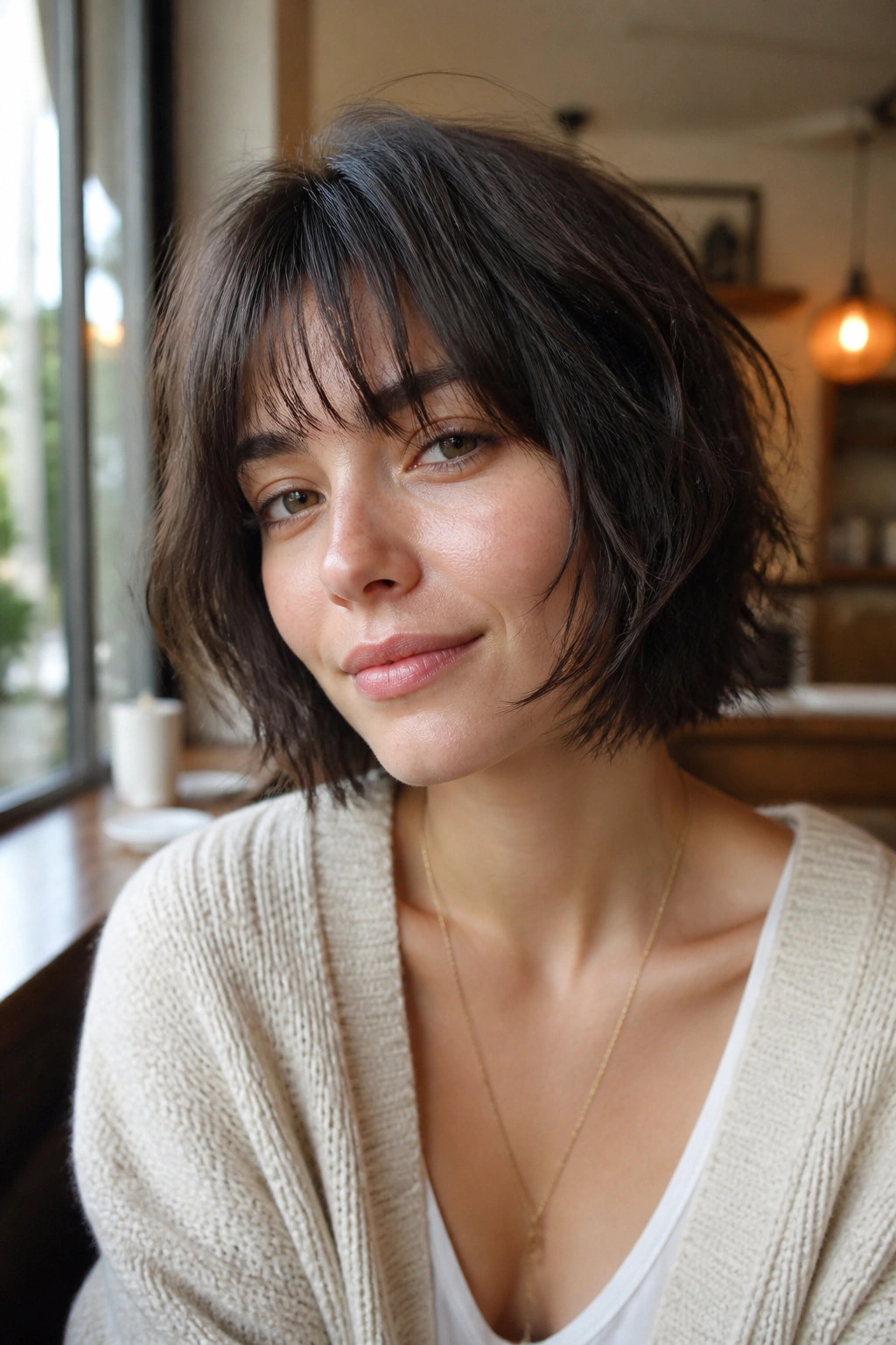 Real person with chin-length wolf cut and airy fringe in cafe lighting, close-up portrait.