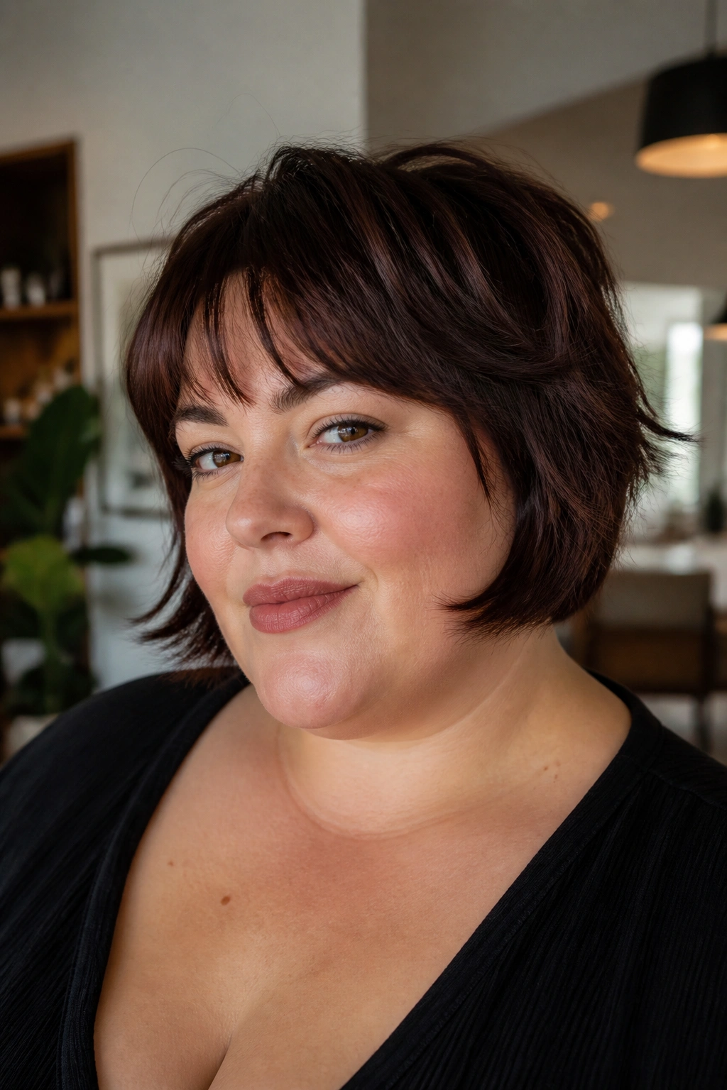 Close-up of woman with chin-length wolf cut bob