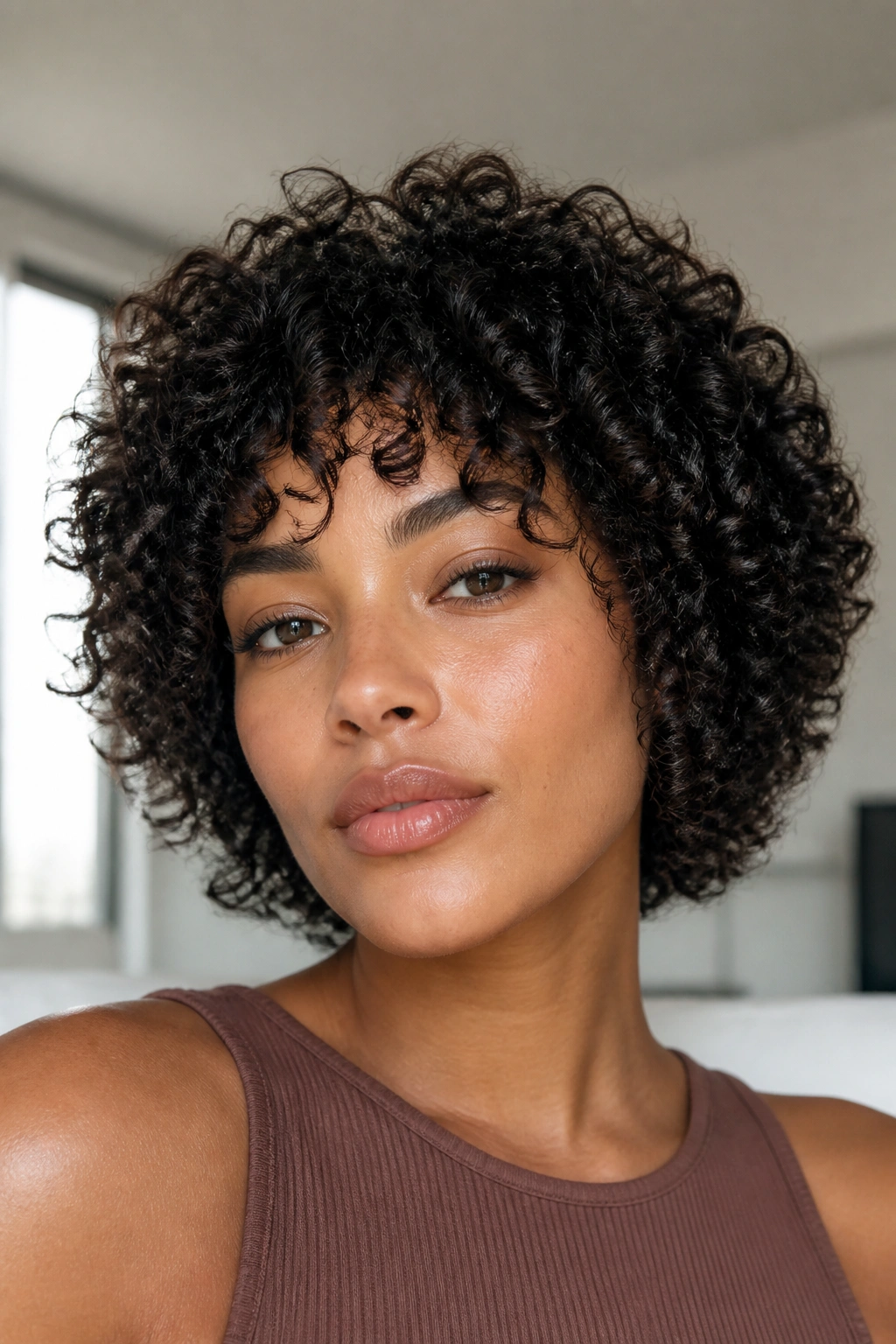 Chin-length wolf cut on real woman with tight coils in bright minimalist room.