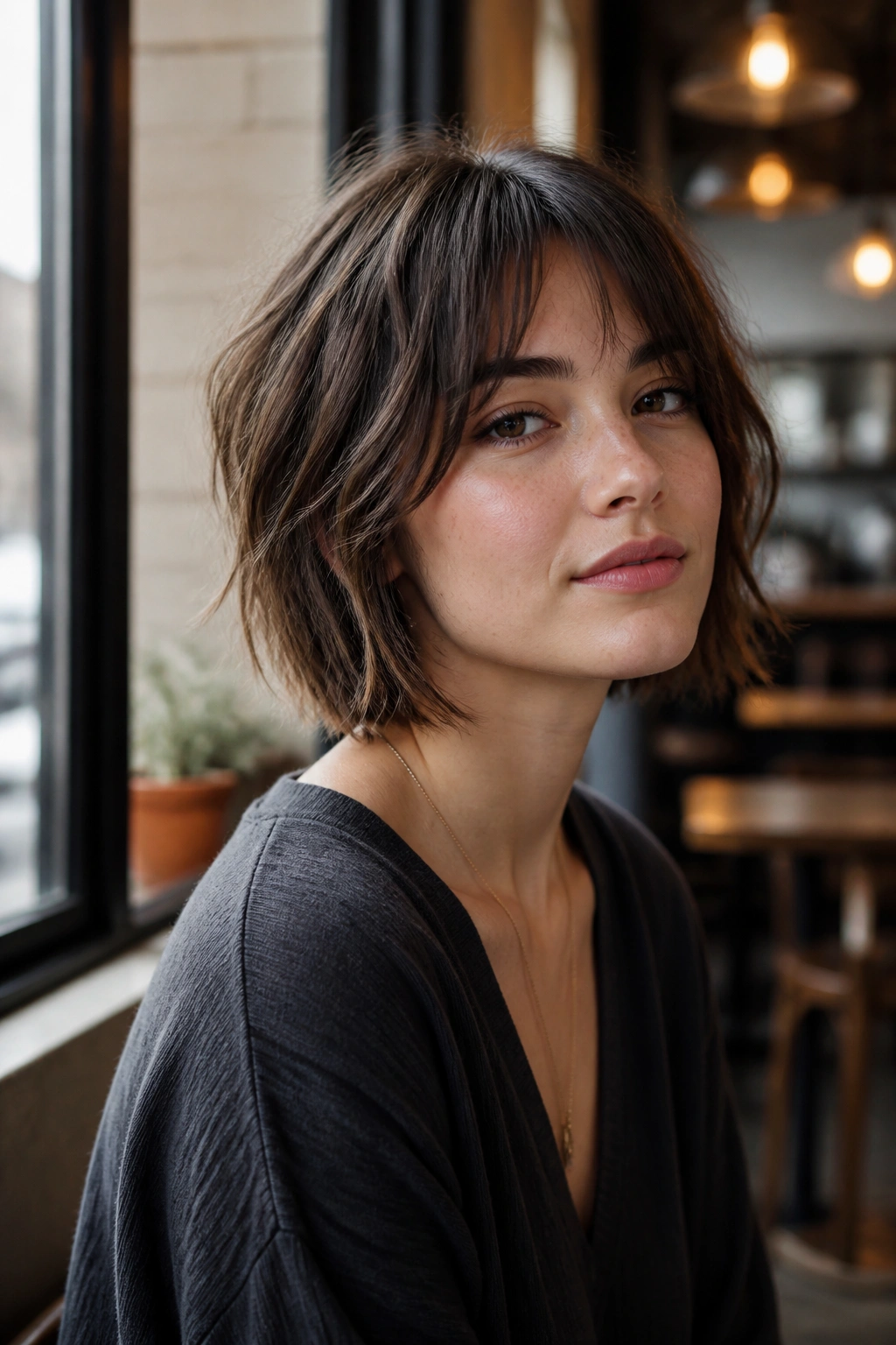 Close-up portrait showing chin-length wolf cut for fine hair