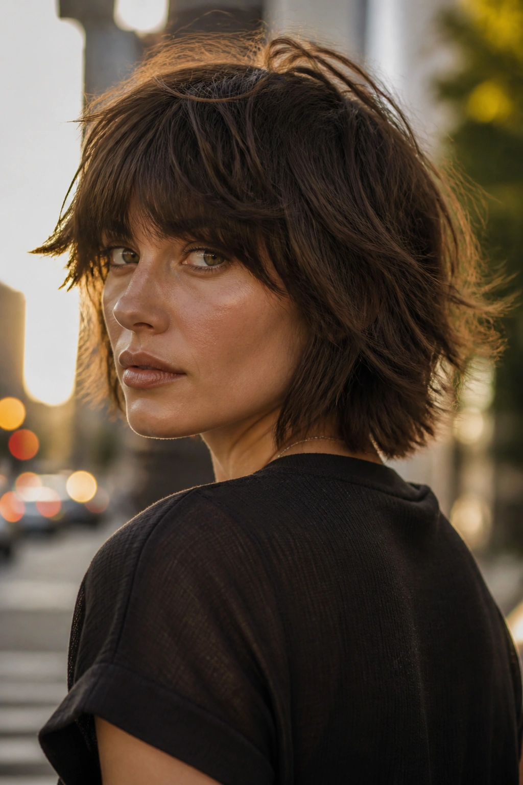 Close-up of a real woman with a chin-length shaggy wolf cut, golden hour street backdrop.