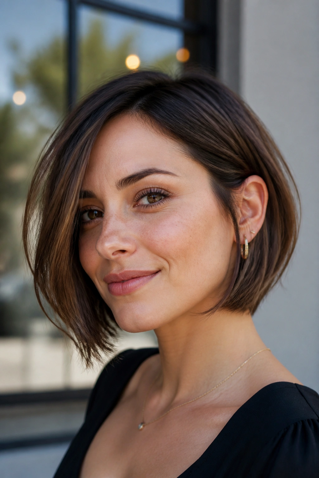 Chin-skimming A-line bob with feathered ends on real person