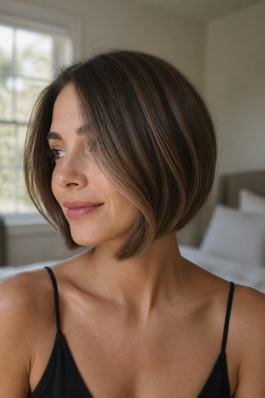 Close-up portrait of a real woman with a chin-skimming bob and soft bend