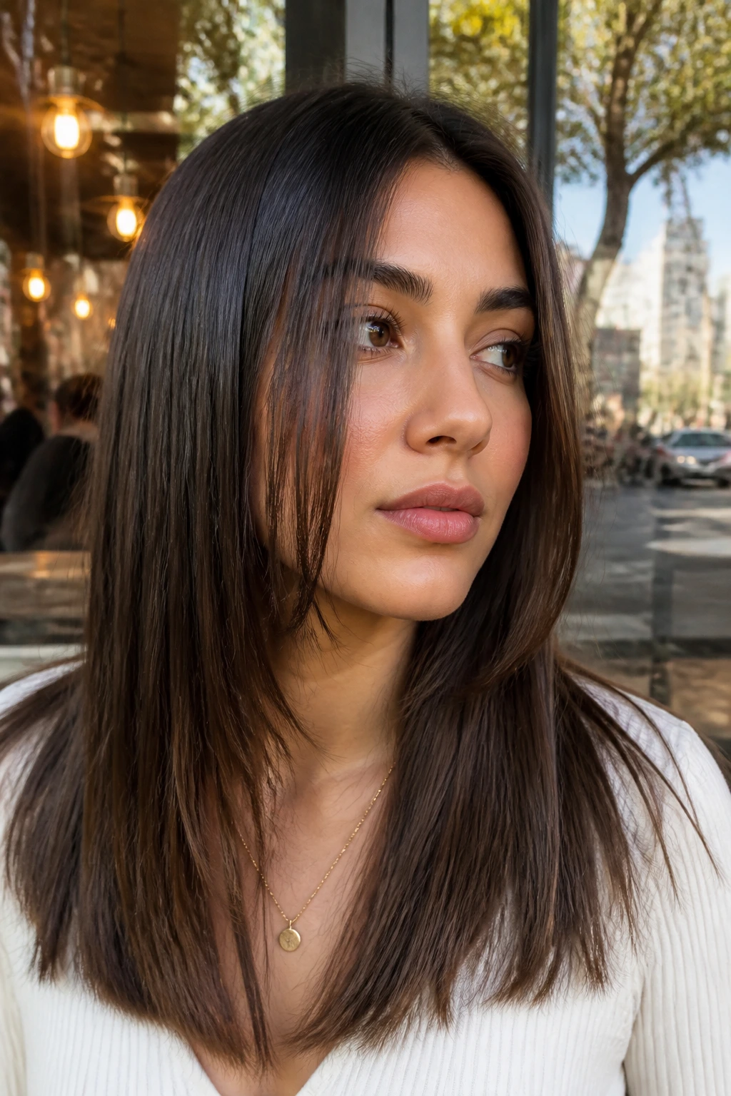 Portrait of a woman with chin-skimming straight hair front pieces