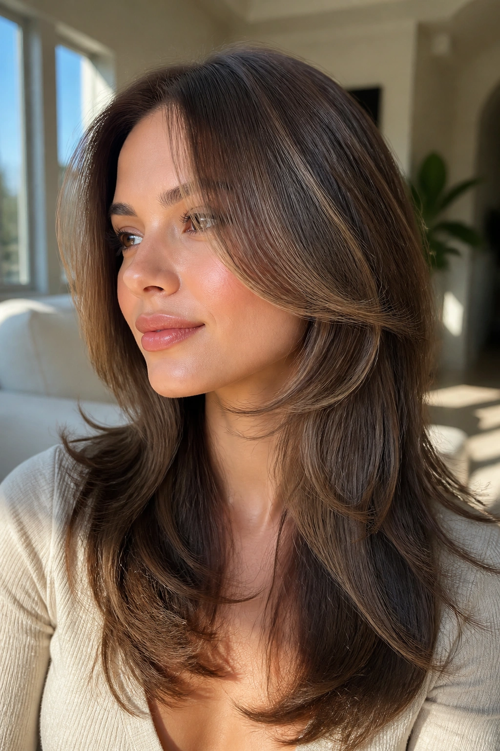 Close-up of a real woman with chin-starting face-framing layers framing the jawline